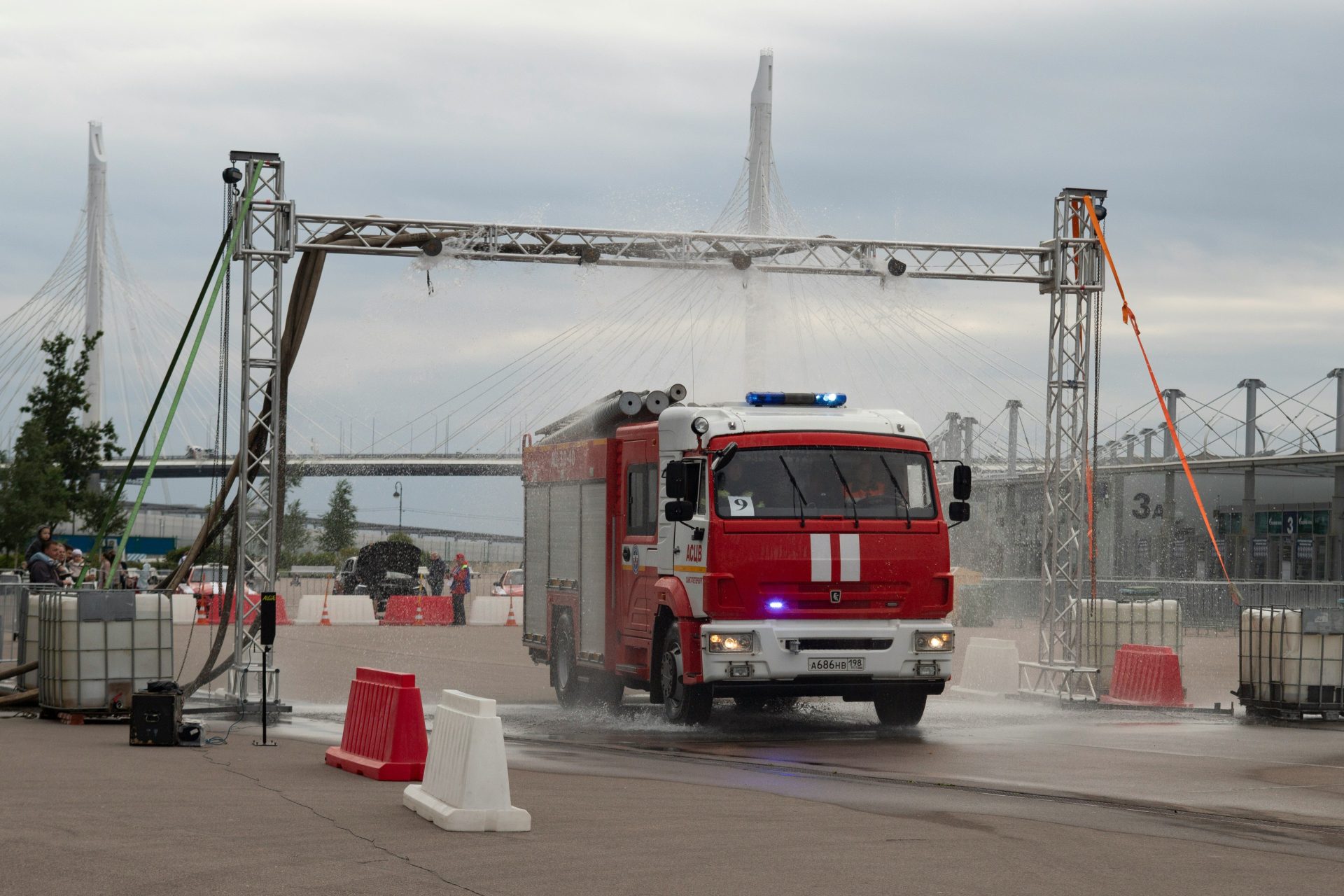 Fire truck driving through a car wash